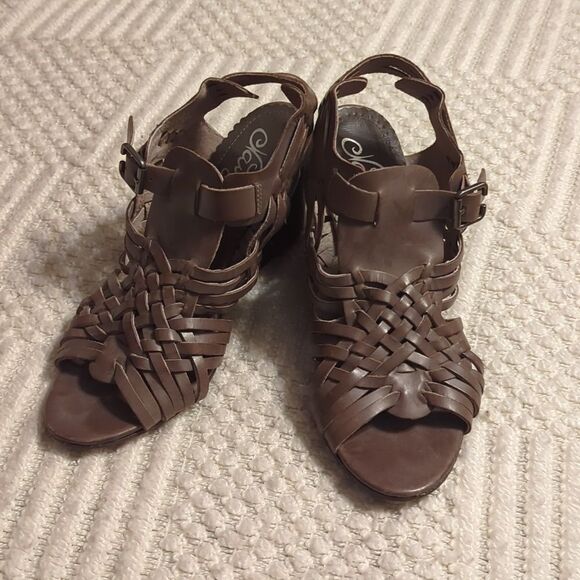 Naughty Monkey Dually Noted Women's Size 8.5 M Taupe Leather Wedge Sandals - Picture 1 of 8